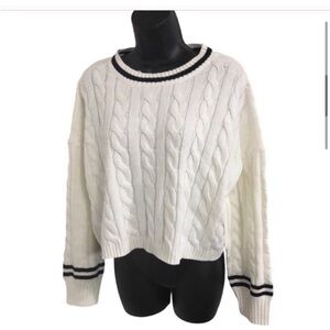 Jessica Simpson white & black‎ trim classic cable knit crew neck sweater size XL